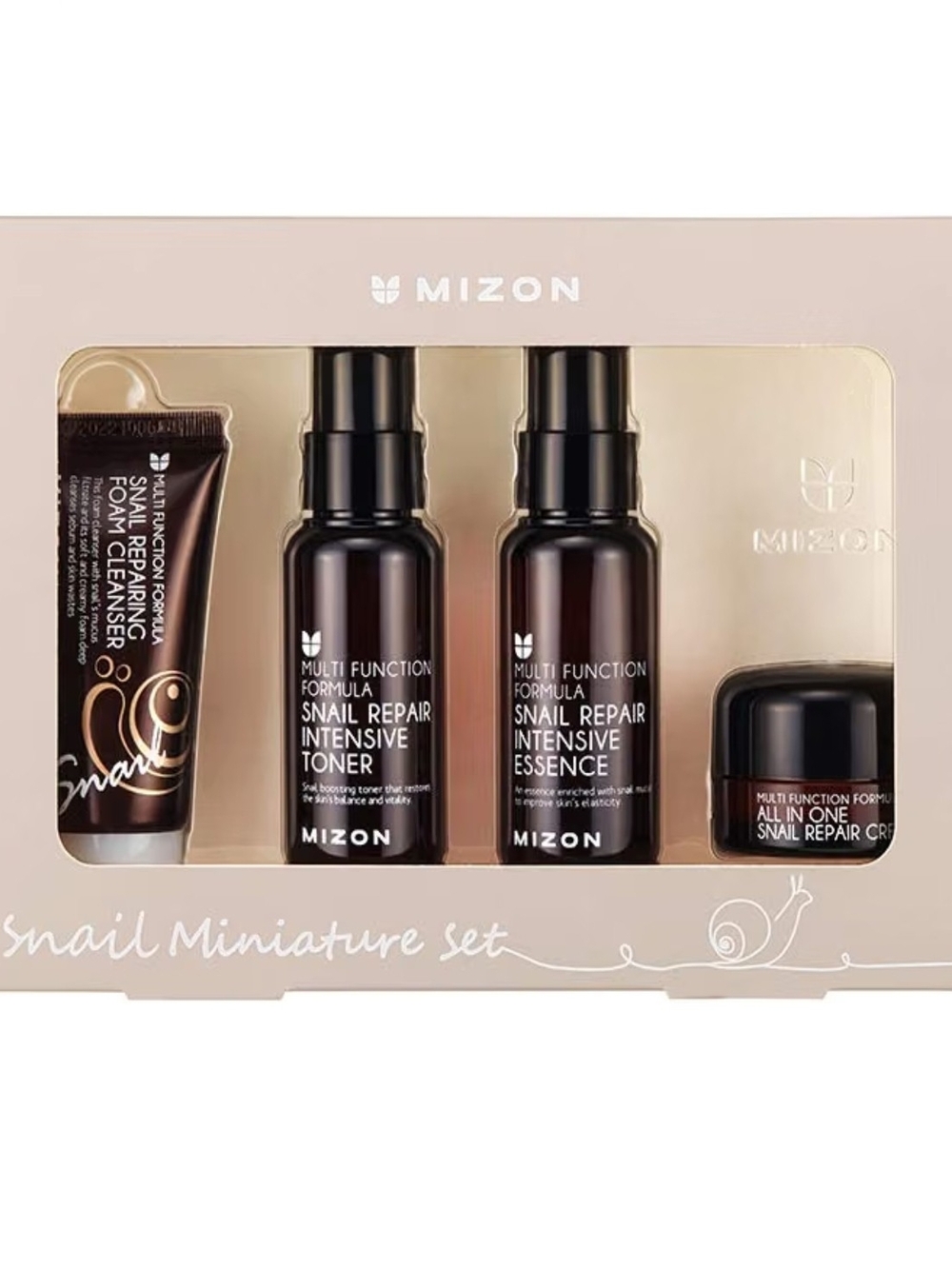 Mizon Korean Snail Miniature Set Cleanser, Toner, Essence, Cream 4 Pc NEW